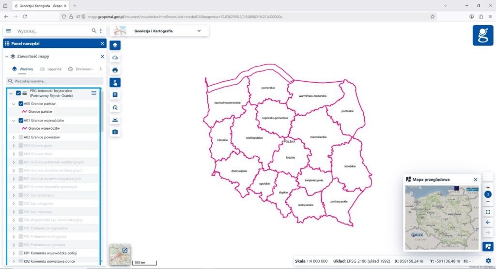 Rysunek 1. Dane PRG prezentowane w module „Geodezja i Kartografia”