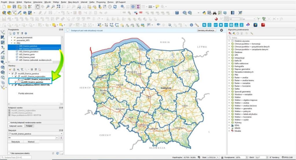 Rysunek 13. Utworzenie warstwy informacyjnej z usług WFS w QGIS