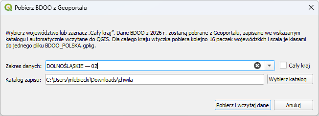 Zrzut ekranu okna wtyczki BDOO_GML w oprogramowaniu QGIS - wybór województwa wczytania danych BDOO z www.geoportal.gov.pl